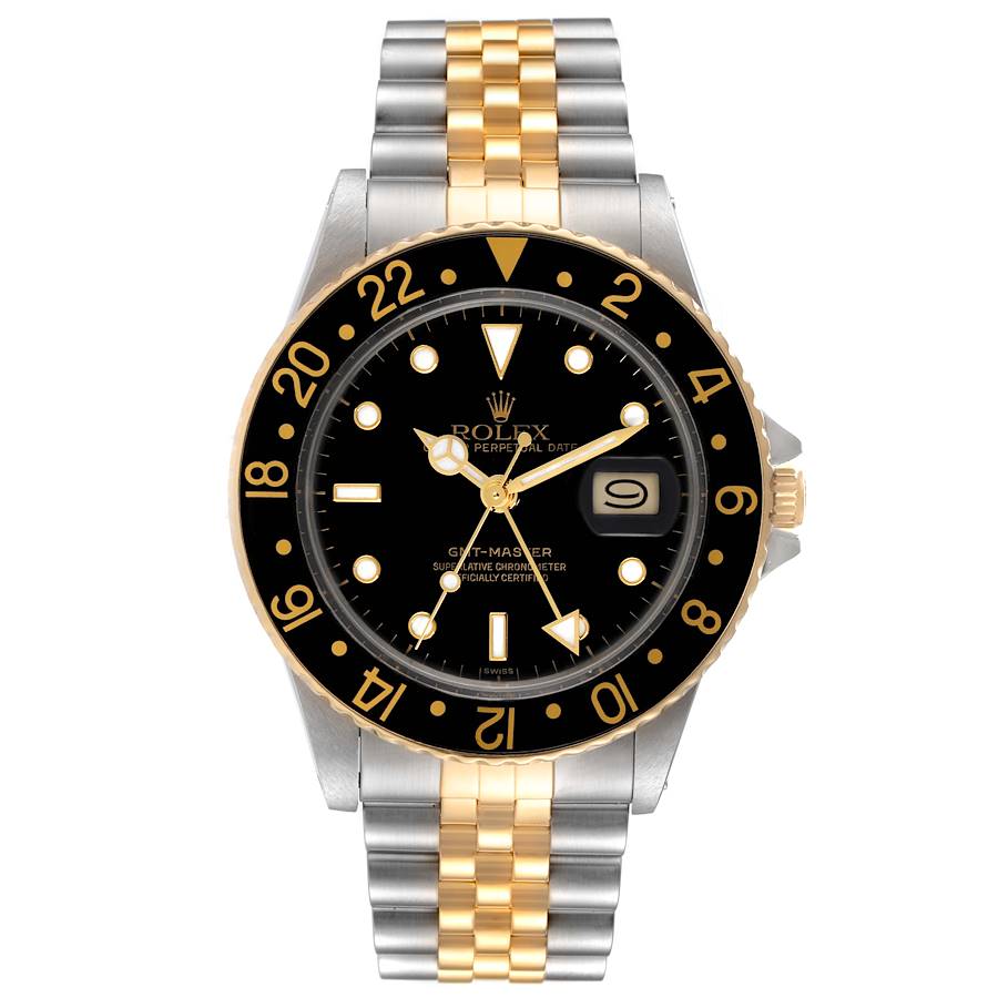 1978 Men's Rolex 38mm Vintage GMT Master 18K Gold / Stainless Steel Two Tone Wristwatch w/ Black Bezel & Black Dial. (Pre-Owned 1675)