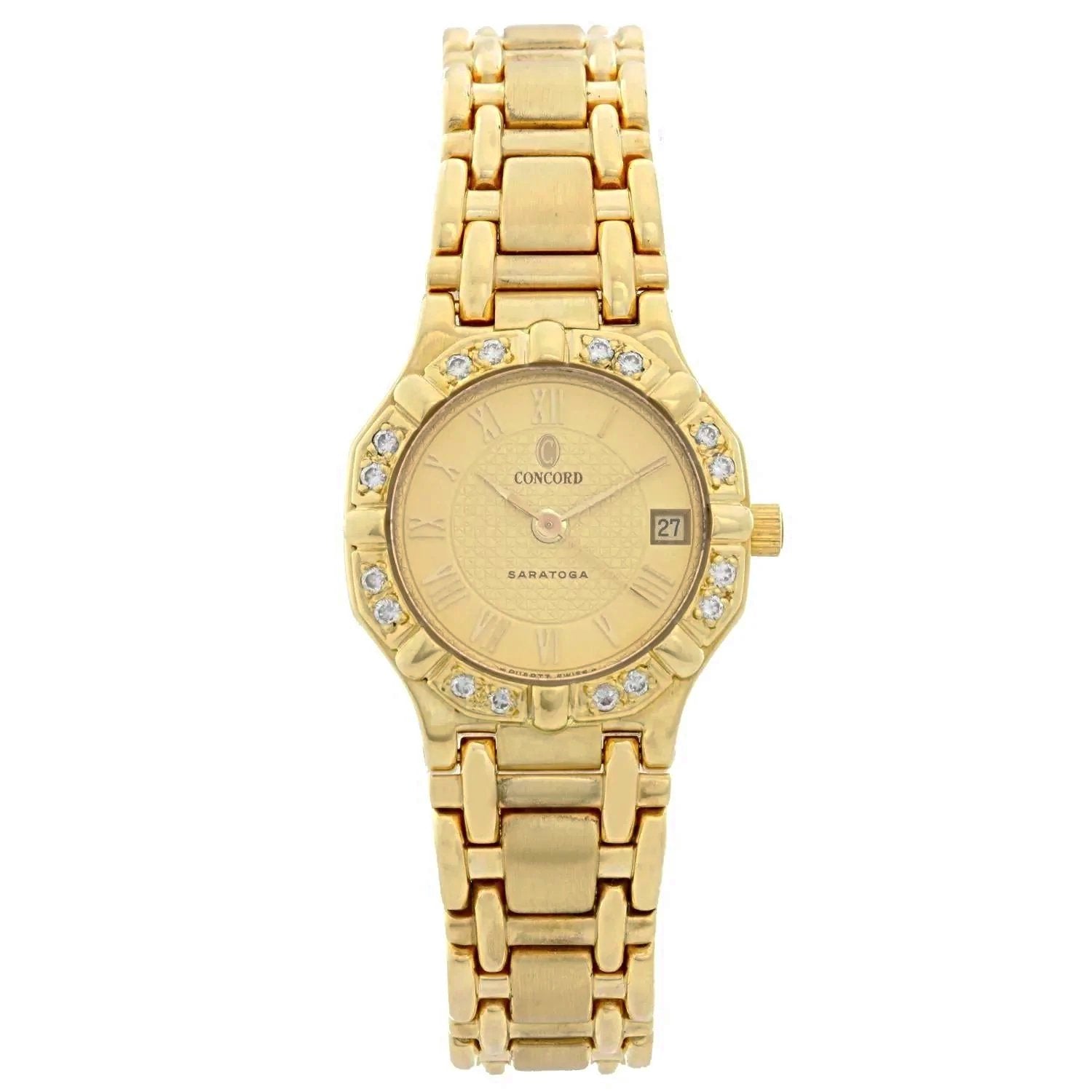 Ladies Concord Sarento 24mm Solid 18K Yellow Gold Wristwatch with Roman Numeral Gold Dial & Diamond Bezel. (Pre-Owned)