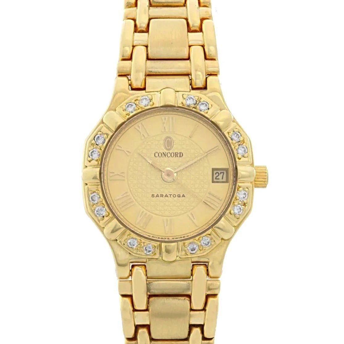 Ladies Concord Sarento 24mm Solid 18K Yellow Gold Wristwatch with Roman Numeral Gold Dial & Diamond Bezel. (Pre-Owned)