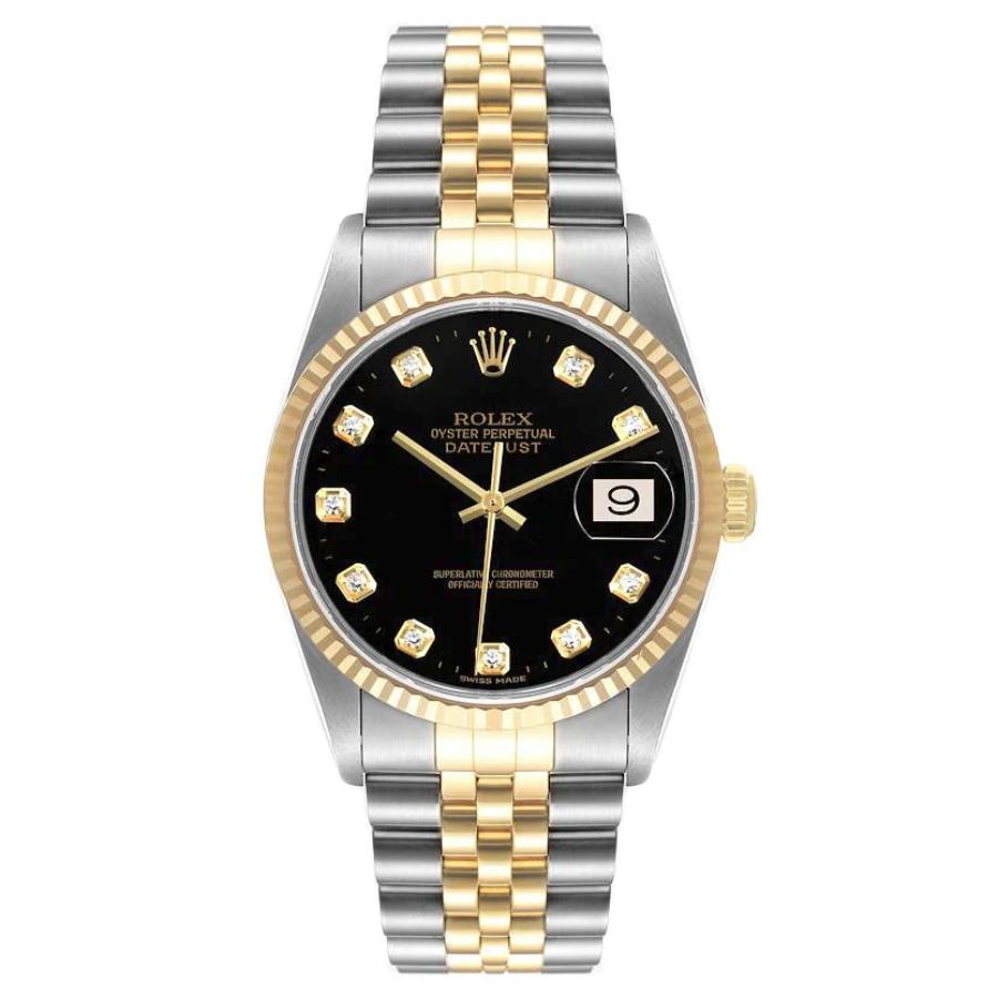 Men's Rolex 36mm DateJust 18K Yellow Gold / Stainless Steel Two-Tone Watch with Black Diamond Dial and Fluted Bezel. (Pre-Owned 16233)