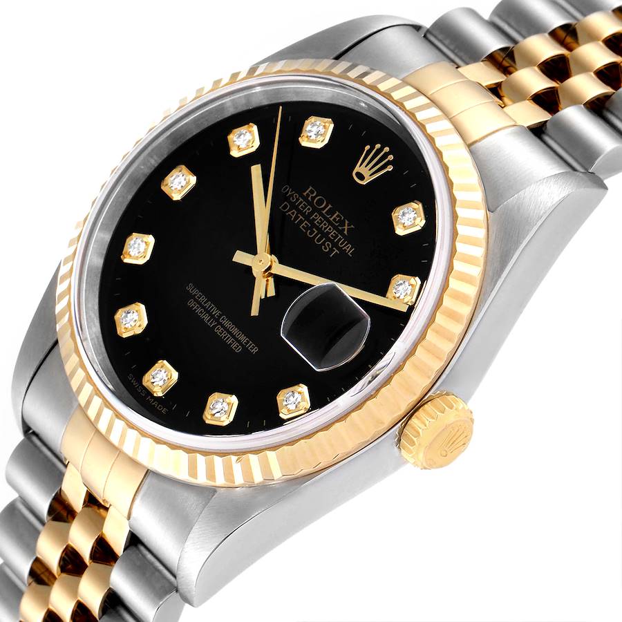 36mm Men's Diamond Bezel Rolex Two Tone Watch Datejust Black Dial