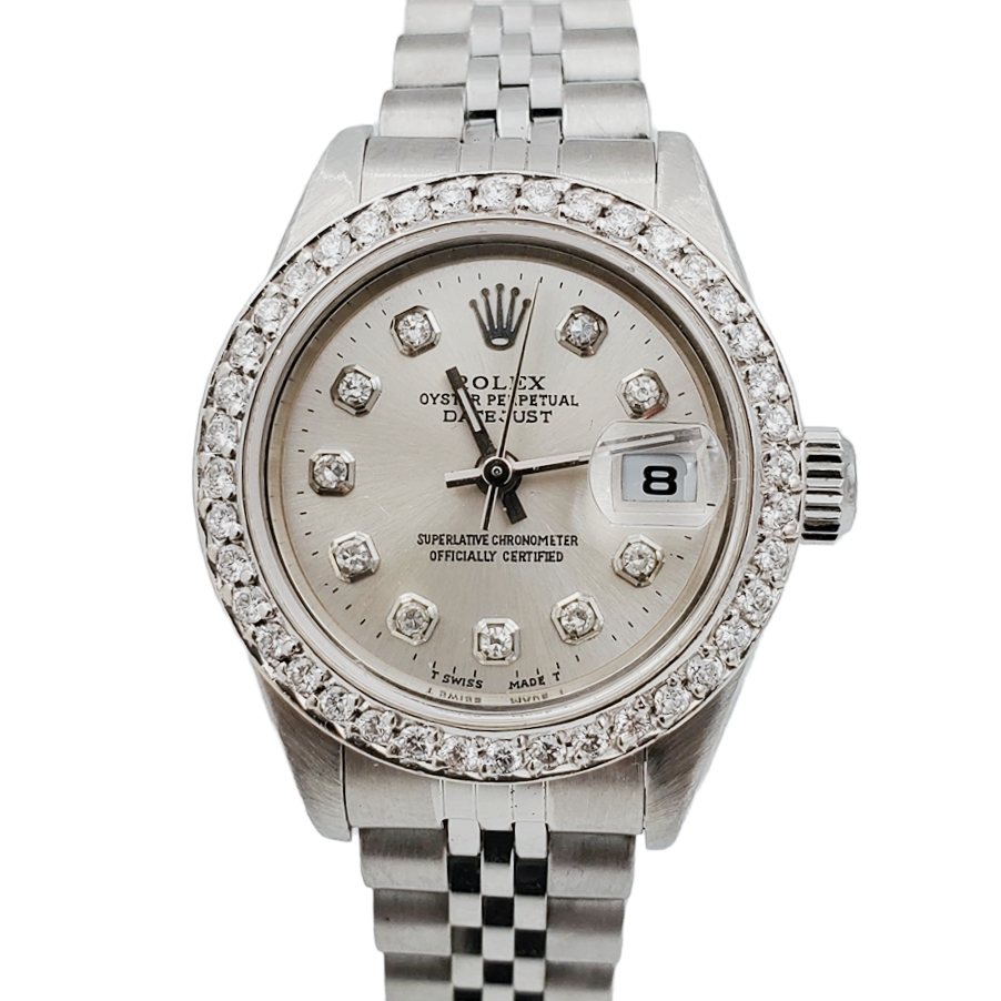 Ladies Rolex 26mm DateJust Stainless Steel Watch with Silver Diamond Dial and Diamond Bezel. (Pre-Owned 69174)