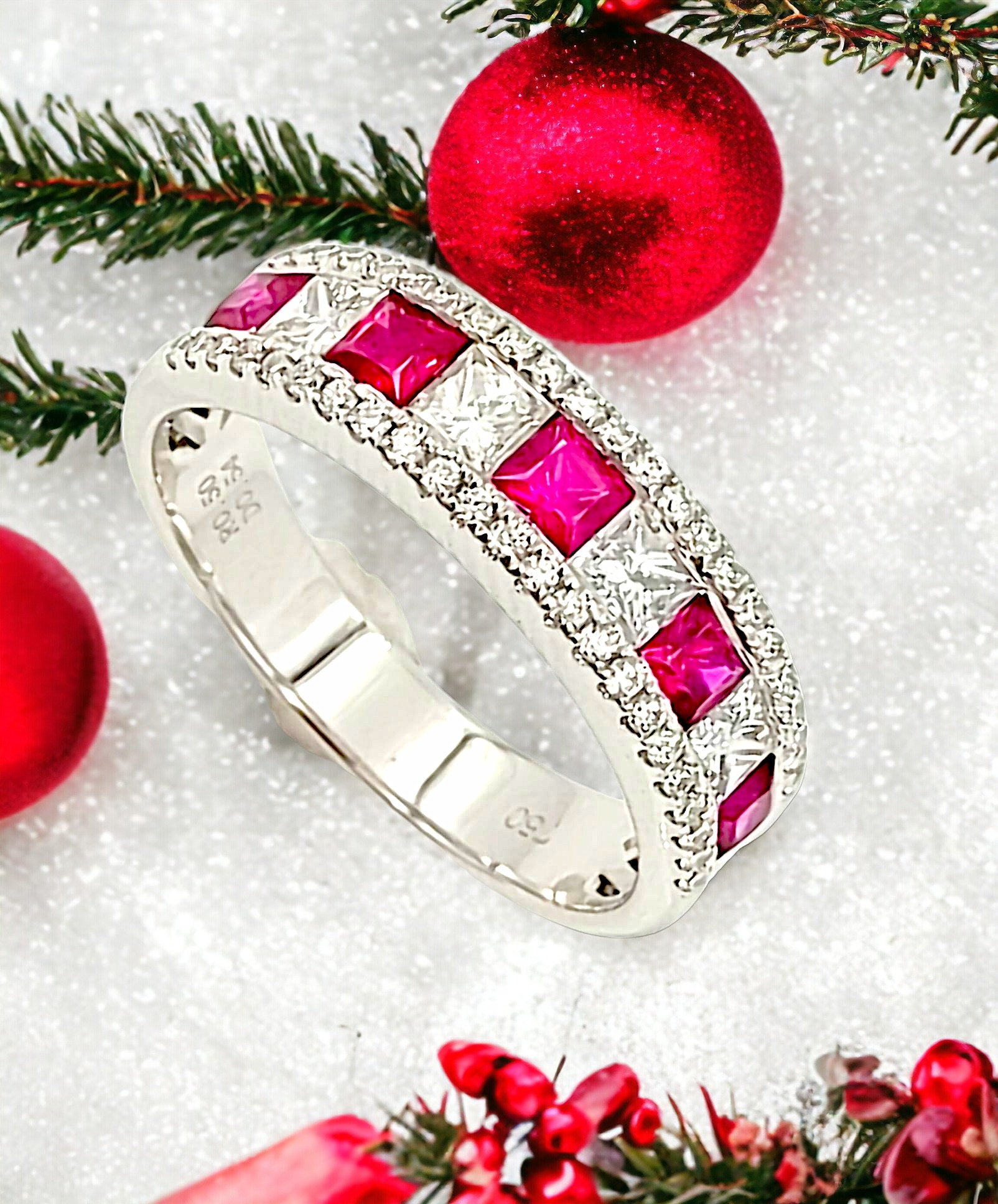 18k white gold Diamond and Ruby Ring, Gift for Her Christmas Ring Jewelry