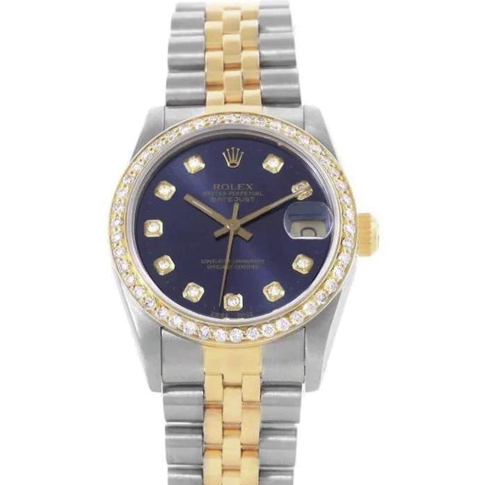 Ladies Rolex 26mm DateJust Two Tone 18K Yellow Gold Watch with Blue Di ...